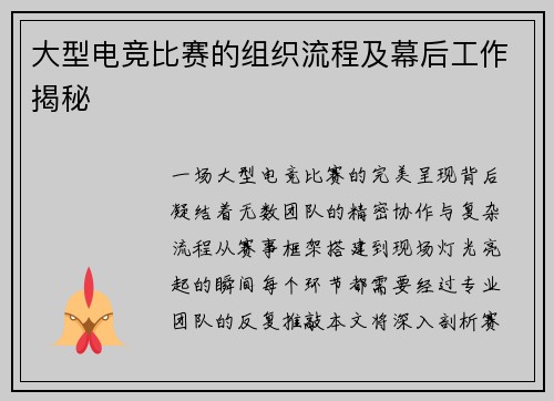 大型电竞比赛的组织流程及幕后工作揭秘
